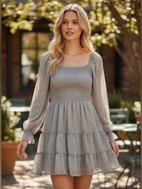 Altar'd State Grey Smocked Square Neck Tiered Mini Dress